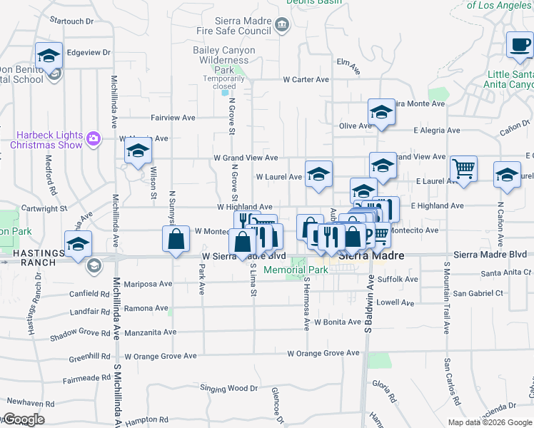 map of restaurants, bars, coffee shops, grocery stores, and more near 298 West Highland Avenue in Sierra Madre
