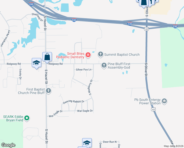 map of restaurants, bars, coffee shops, grocery stores, and more near 6204 South Mulberry Street in Pine Bluff