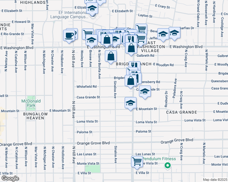 map of restaurants, bars, coffee shops, grocery stores, and more near 1039 Sinaloa Avenue in Pasadena