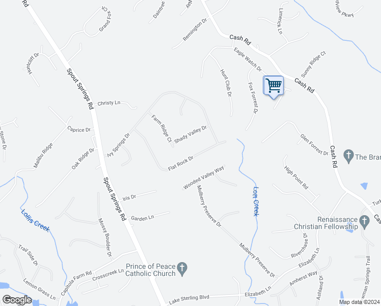map of restaurants, bars, coffee shops, grocery stores, and more near 6391 Flat Rock Drive in Flowery Branch
