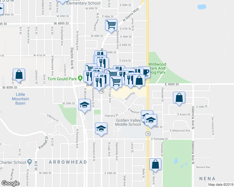 map of restaurants, bars, coffee shops, grocery stores, and more near 161 East 40th Street in San Bernardino
