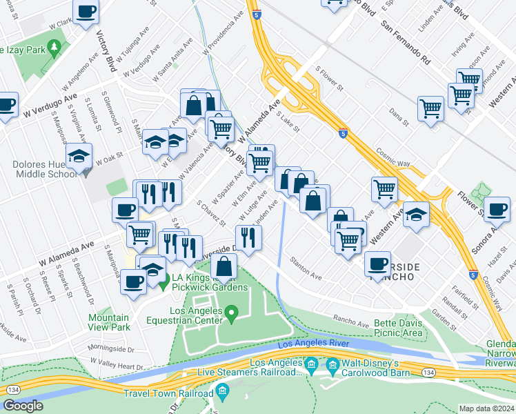 map of restaurants, bars, coffee shops, grocery stores, and more near 330 West Lutge Avenue in Burbank
