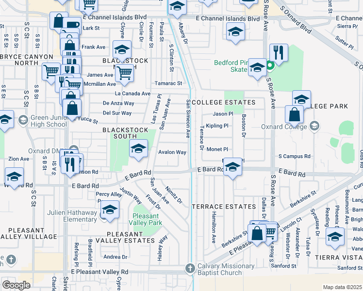 map of restaurants, bars, coffee shops, grocery stores, and more near 840 Borrego Way in Oxnard