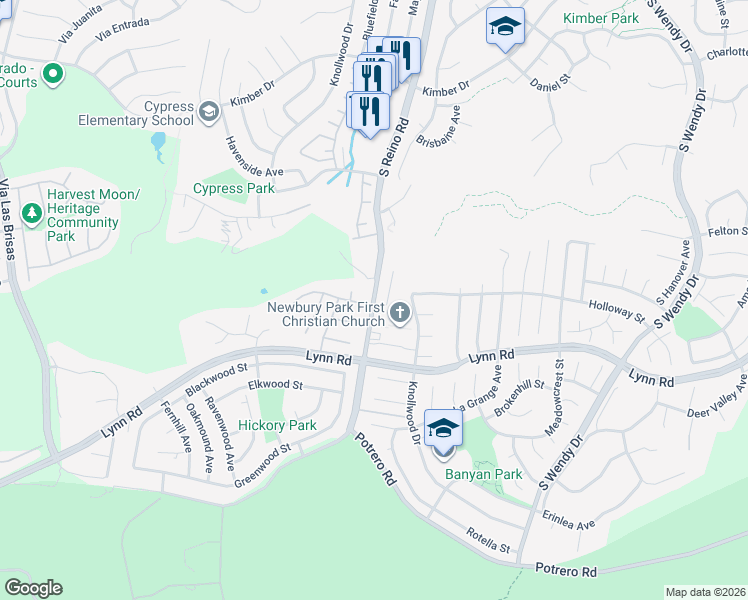 map of restaurants, bars, coffee shops, grocery stores, and more near South Reino Road in Thousand Oaks