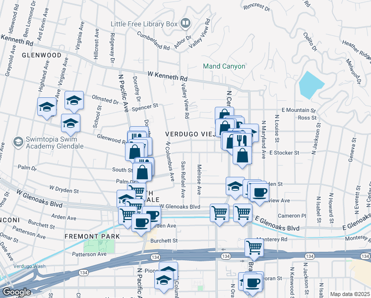 map of restaurants, bars, coffee shops, grocery stores, and more near 327 West Stocker Street in Glendale