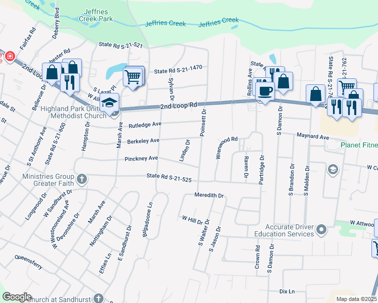 map of restaurants, bars, coffee shops, grocery stores, and more near 1611 Linden Drive in Florence