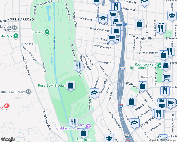map of restaurants, bars, coffee shops, grocery stores, and more near 680 Westgate St in Pasadena