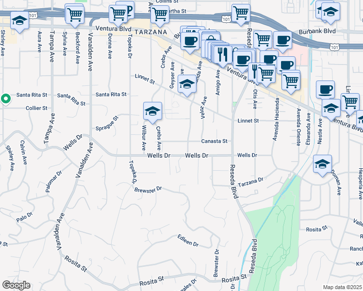 map of restaurants, bars, coffee shops, grocery stores, and more near 18772 Canasta Street in Los Angeles