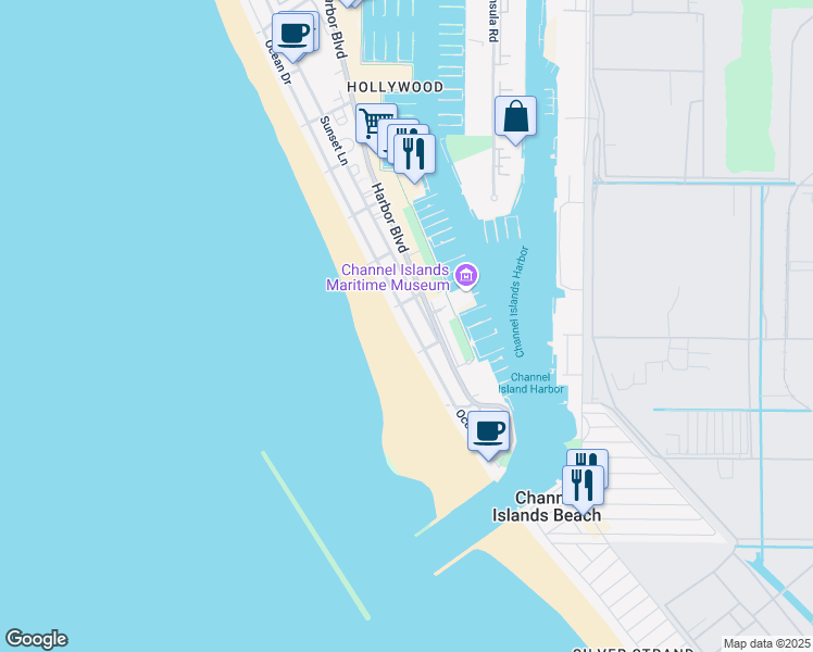 map of restaurants, bars, coffee shops, grocery stores, and more near 3445 Ocean Drive in Oxnard