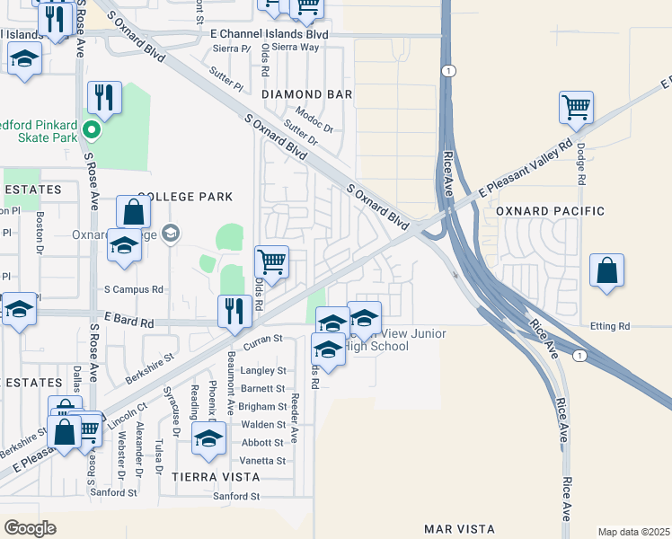 map of restaurants, bars, coffee shops, grocery stores, and more near 1643 Lime Avenue in Oxnard