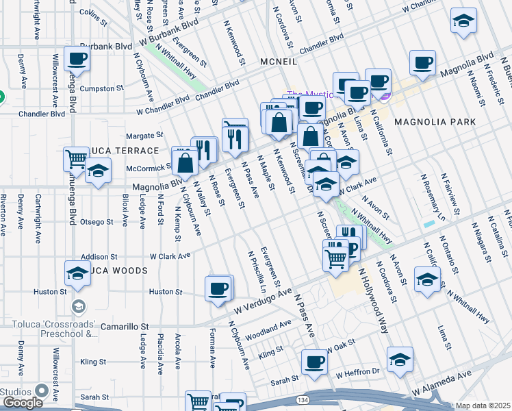 map of restaurants, bars, coffee shops, grocery stores, and more near 833 North Pass Avenue in Burbank