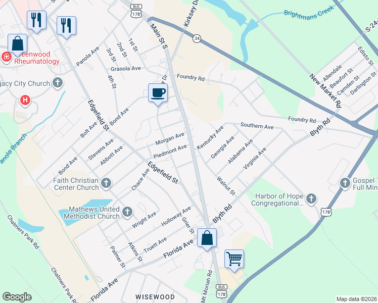 map of restaurants, bars, coffee shops, grocery stores, and more near 2304 Main Street South in Greenwood