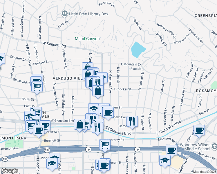 map of restaurants, bars, coffee shops, grocery stores, and more near 1205 North Maryland Avenue in Glendale