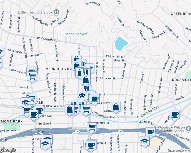 map of restaurants, bars, coffee shops, grocery stores, and more near 1205 North Maryland Avenue in Glendale