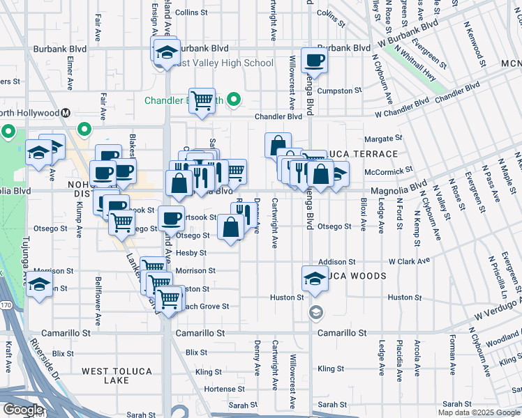 map of restaurants, bars, coffee shops, grocery stores, and more near 5147 Denny Avenue in Los Angeles