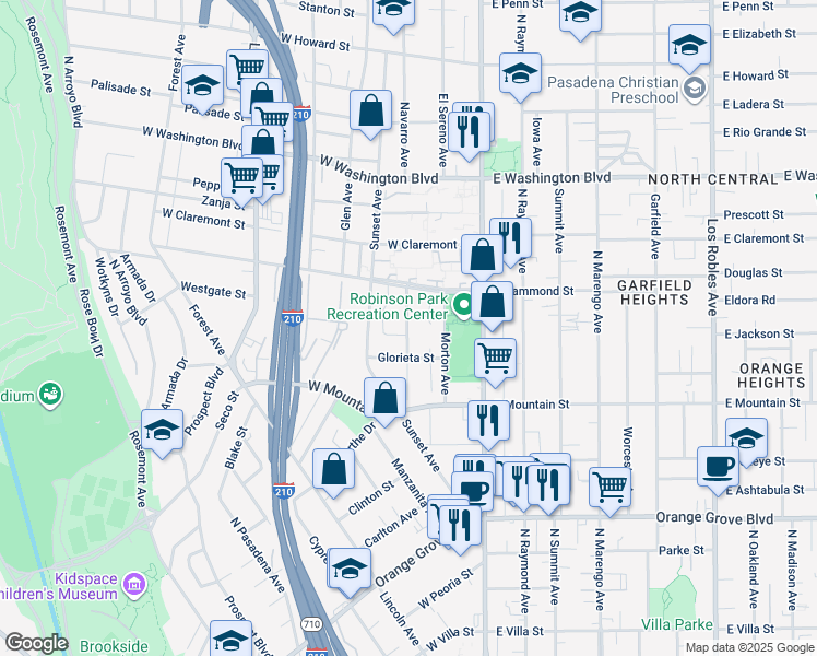 map of restaurants, bars, coffee shops, grocery stores, and more near 1052 Kirkwood Avenue in Pasadena