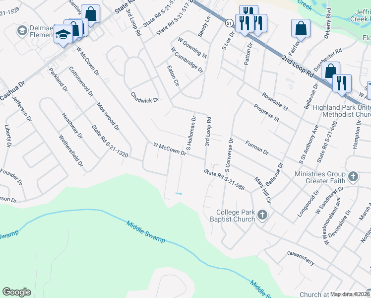 map of restaurants, bars, coffee shops, grocery stores, and more near 2015 West McCown Drive in Florence