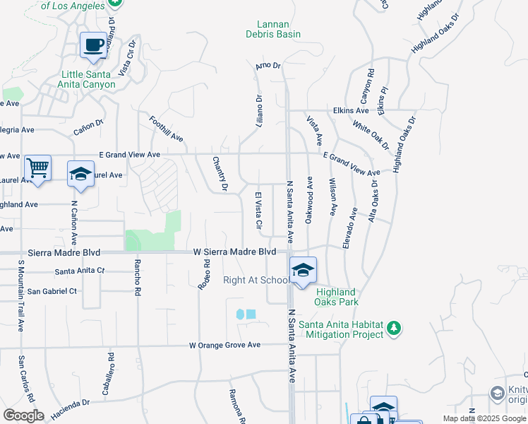 map of restaurants, bars, coffee shops, grocery stores, and more near 1756 El Vista Circle in Arcadia