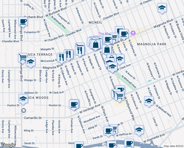 map of restaurants, bars, coffee shops, grocery stores, and more near 824 1/2 North Pass Avenue in Burbank