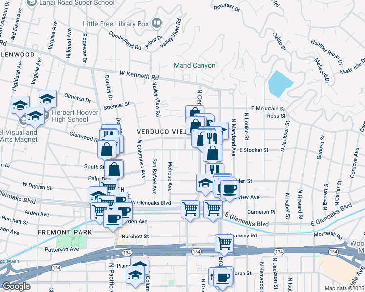 map of restaurants, bars, coffee shops, grocery stores, and more near 1201 Viola Avenue in Glendale