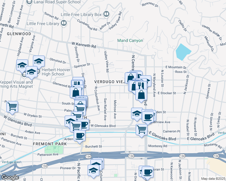 map of restaurants, bars, coffee shops, grocery stores, and more near 1200 Valley View Road in Glendale