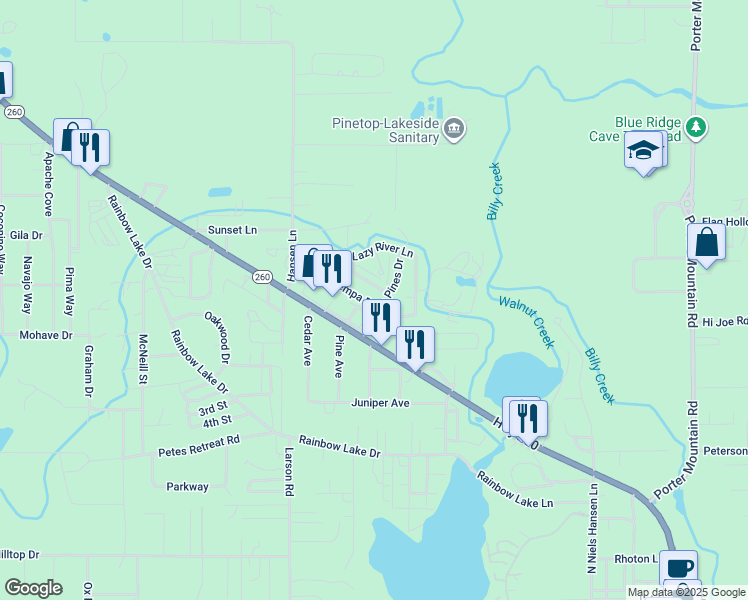 map of restaurants, bars, coffee shops, grocery stores, and more near 2908 Kempa Drive in Navajo County