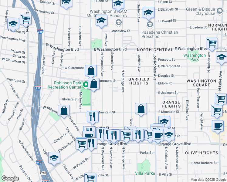 map of restaurants, bars, coffee shops, grocery stores, and more near 1050 North Summit Avenue in Pasadena