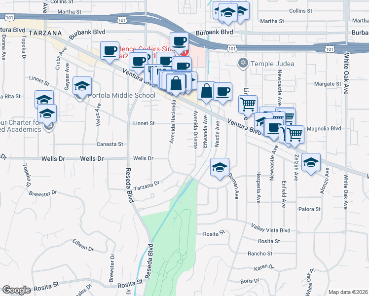 map of restaurants, bars, coffee shops, grocery stores, and more near 5135 Avenida Oriente in Los Angeles