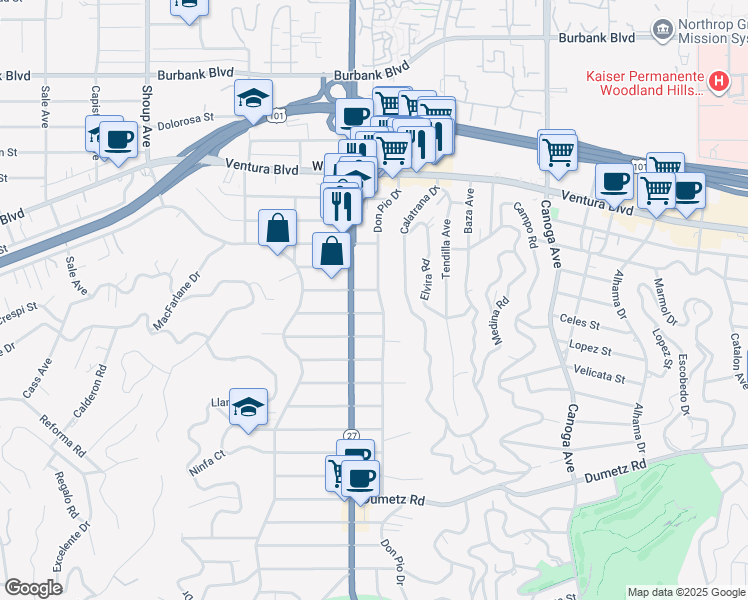 map of restaurants, bars, coffee shops, grocery stores, and more near 5177 Don Pio Drive in Los Angeles