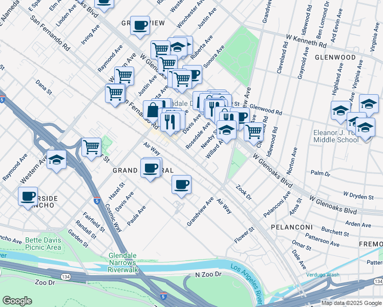 map of restaurants, bars, coffee shops, grocery stores, and more near 6226 San Fernando Road in Glendale