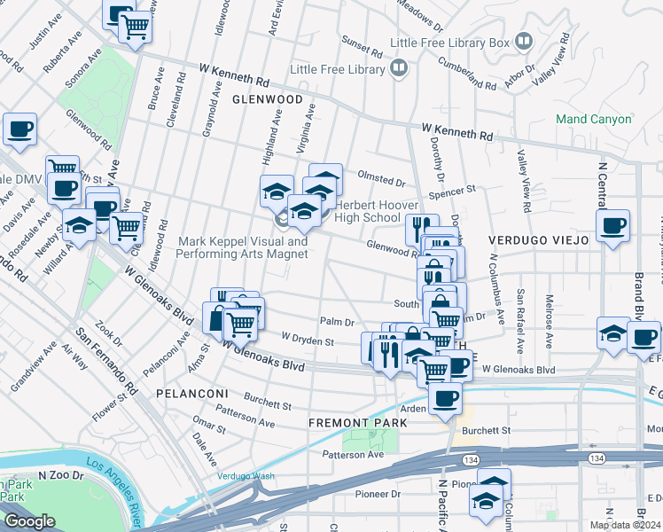 map of restaurants, bars, coffee shops, grocery stores, and more near 632 West Stocker Street in Glendale