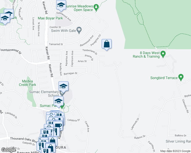 map of restaurants, bars, coffee shops, grocery stores, and more near 28624 Eagleton Street in Agoura Hills