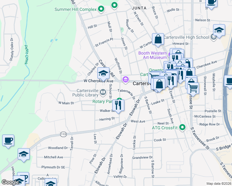 map of restaurants, bars, coffee shops, grocery stores, and more near 108 Tabernacle Street in Cartersville