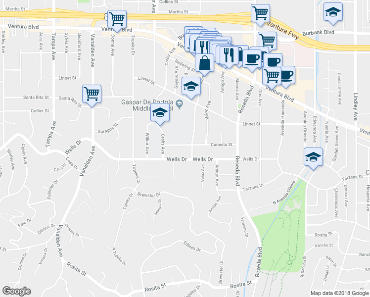 map of restaurants, bars, coffee shops, grocery stores, and more near 18772 Canasta Street in Los Angeles