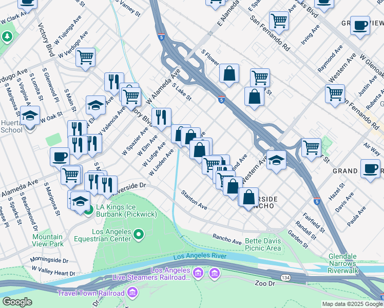 map of restaurants, bars, coffee shops, grocery stores, and more near 1851 South Victory Boulevard in Glendale