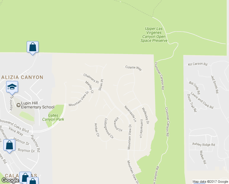 map of restaurants, bars, coffee shops, grocery stores, and more near 5633 Newcastle Lane in Calabasas