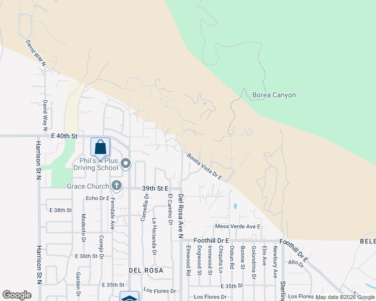 map of restaurants, bars, coffee shops, grocery stores, and more near 1606 Bonita Vista Drive East in San Bernardino