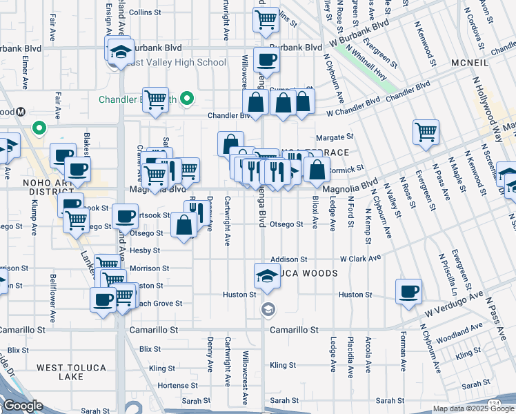 map of restaurants, bars, coffee shops, grocery stores, and more near 5129 Cahuenga Boulevard in Los Angeles