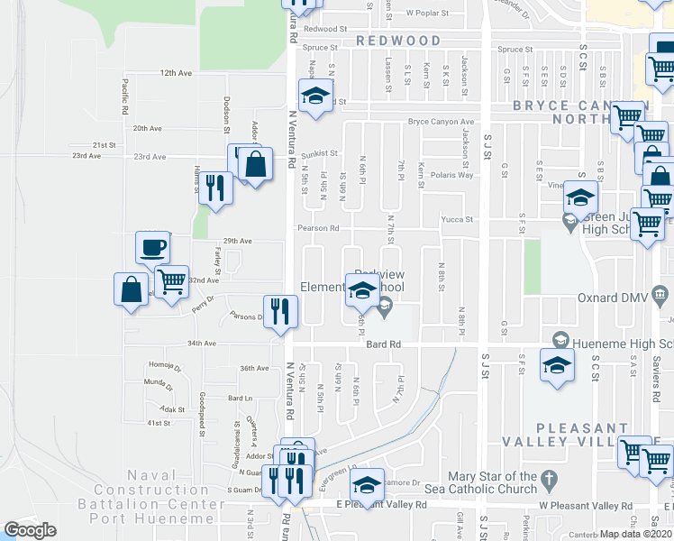map of restaurants, bars, coffee shops, grocery stores, and more near 1573 North 6th Street in Port Hueneme