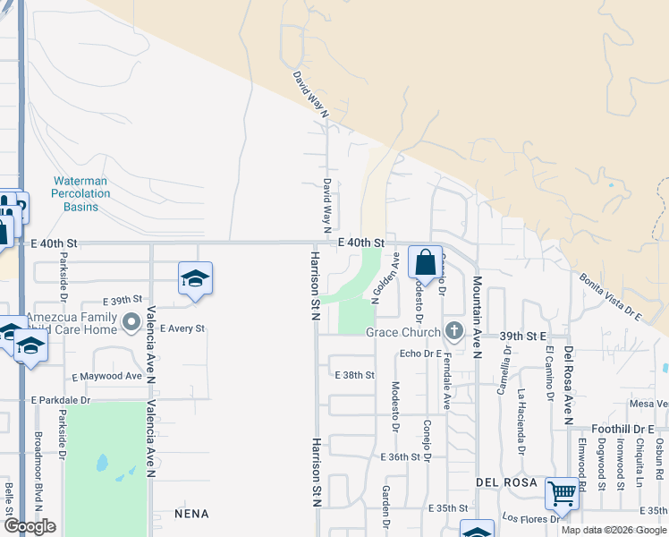 map of restaurants, bars, coffee shops, grocery stores, and more near 1120 East Devonshire Road in San Bernardino