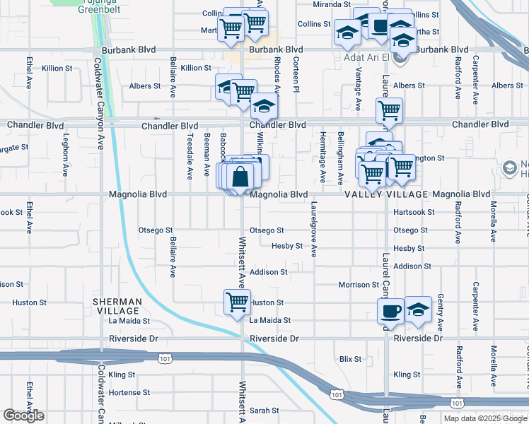 map of restaurants, bars, coffee shops, grocery stores, and more near 5130 Wilkinson Avenue in Los Angeles