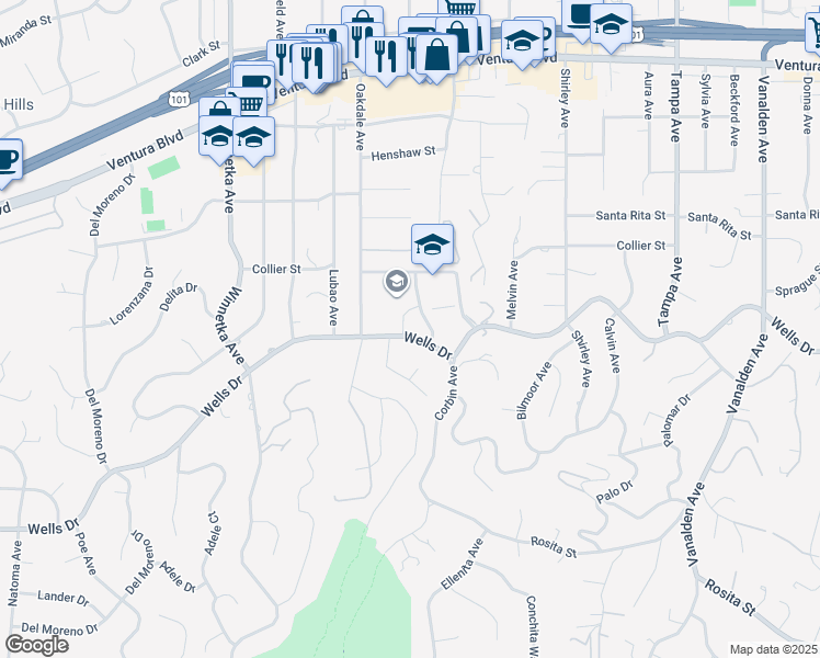 map of restaurants, bars, coffee shops, grocery stores, and more near 19759 Wells Drive in Los Angeles