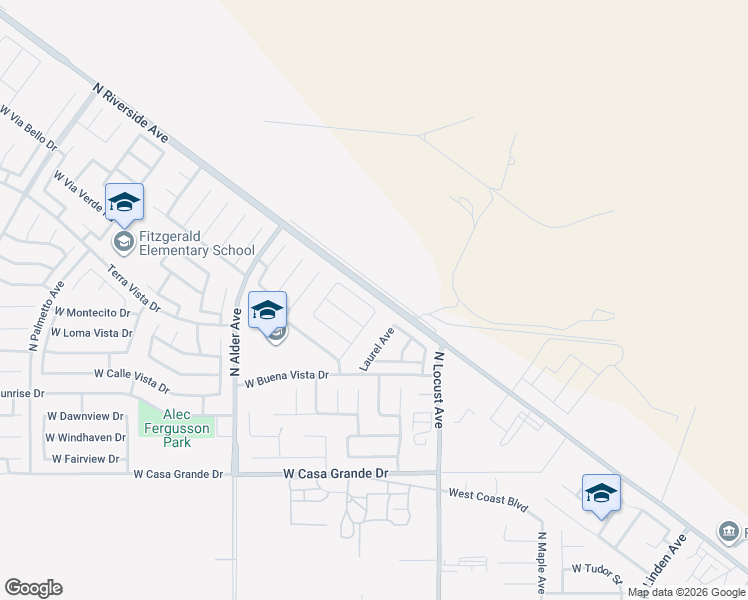 map of restaurants, bars, coffee shops, grocery stores, and more near 2002 West Sunnyview Drive in Rialto