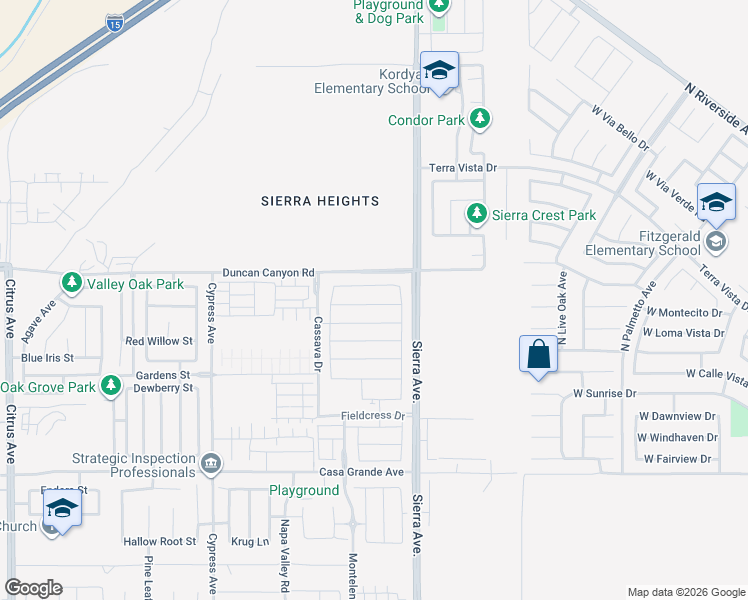 map of restaurants, bars, coffee shops, grocery stores, and more near 4936 Sierra Avenue in Fontana