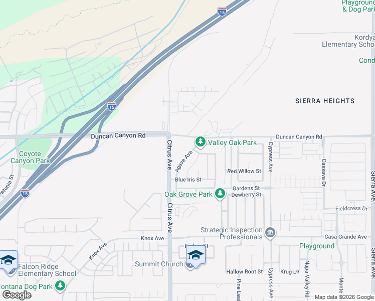 map of restaurants, bars, coffee shops, grocery stores, and more near 4963 Agave Avenue in Fontana