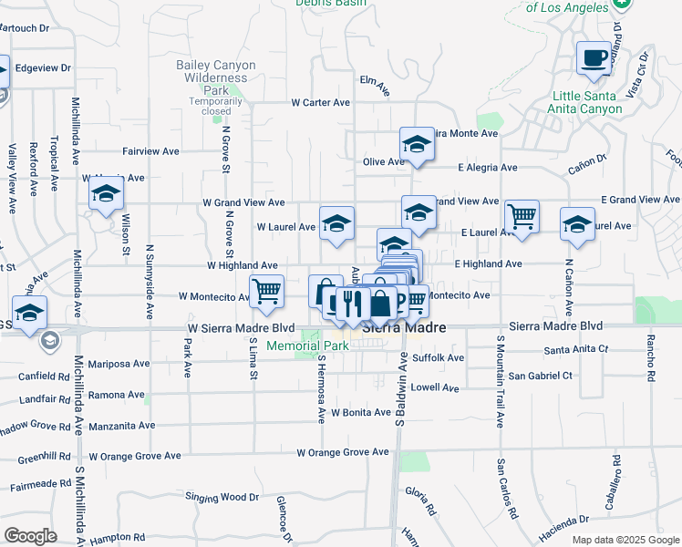 map of restaurants, bars, coffee shops, grocery stores, and more near 148 West Highland Avenue in Sierra Madre