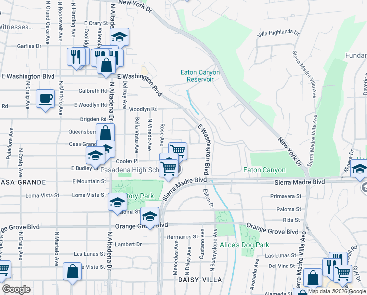 map of restaurants, bars, coffee shops, grocery stores, and more near 1030 Lunada Lane in Pasadena