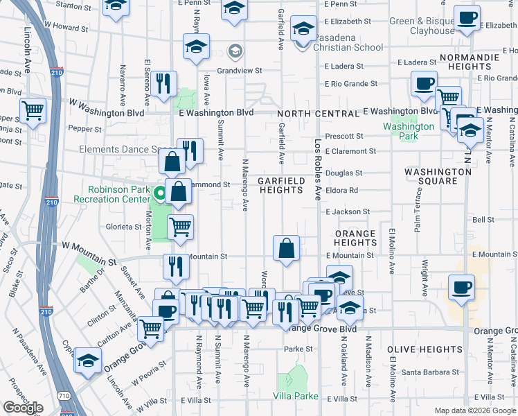 map of restaurants, bars, coffee shops, grocery stores, and more near 1054 North Marengo Avenue in Pasadena