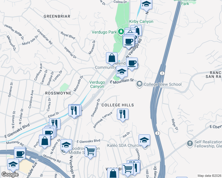 map of restaurants, bars, coffee shops, grocery stores, and more near 1630 Calle Vaquero in Glendale