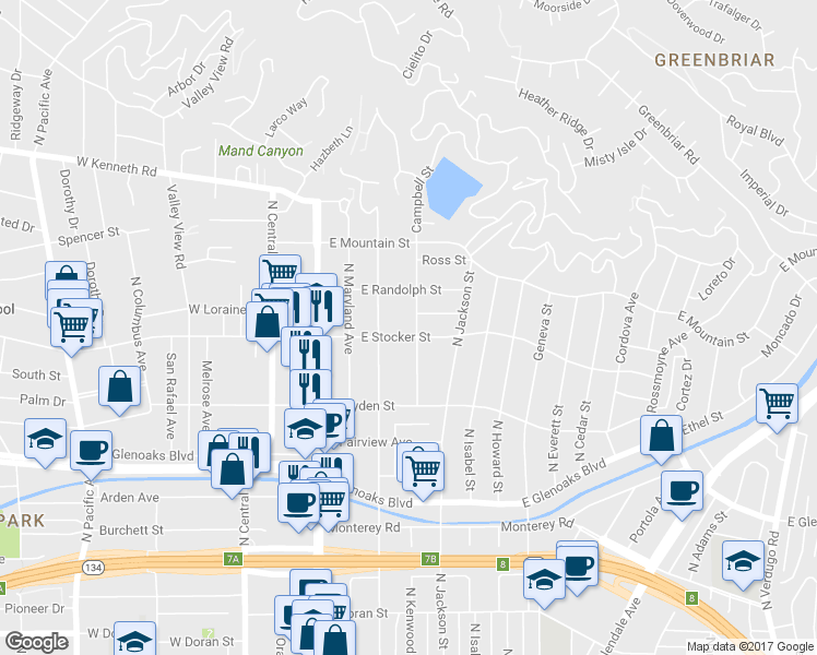 map of restaurants, bars, coffee shops, grocery stores, and more near 401 East Stocker Street in Glendale